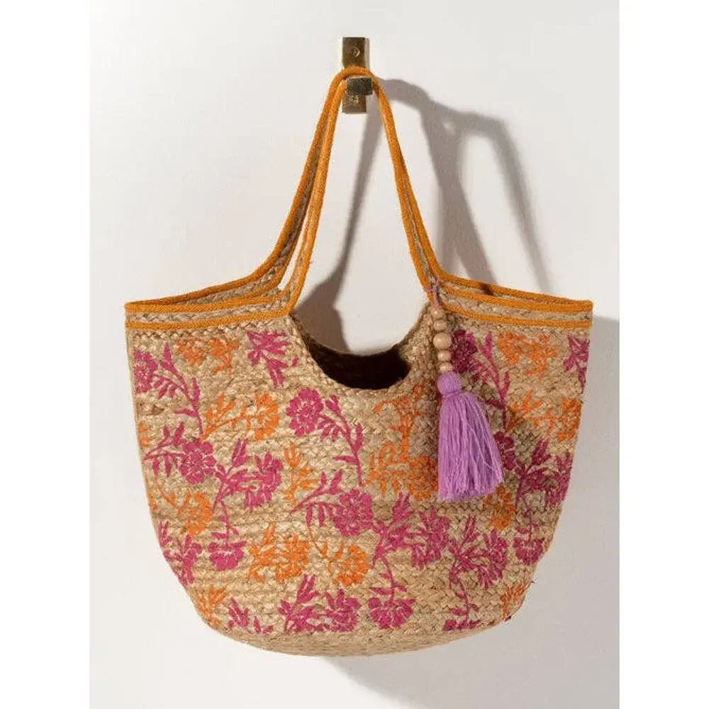 Shiraleah Graziella Floral Jute Tote Tassel Resort Beach Bag NWT